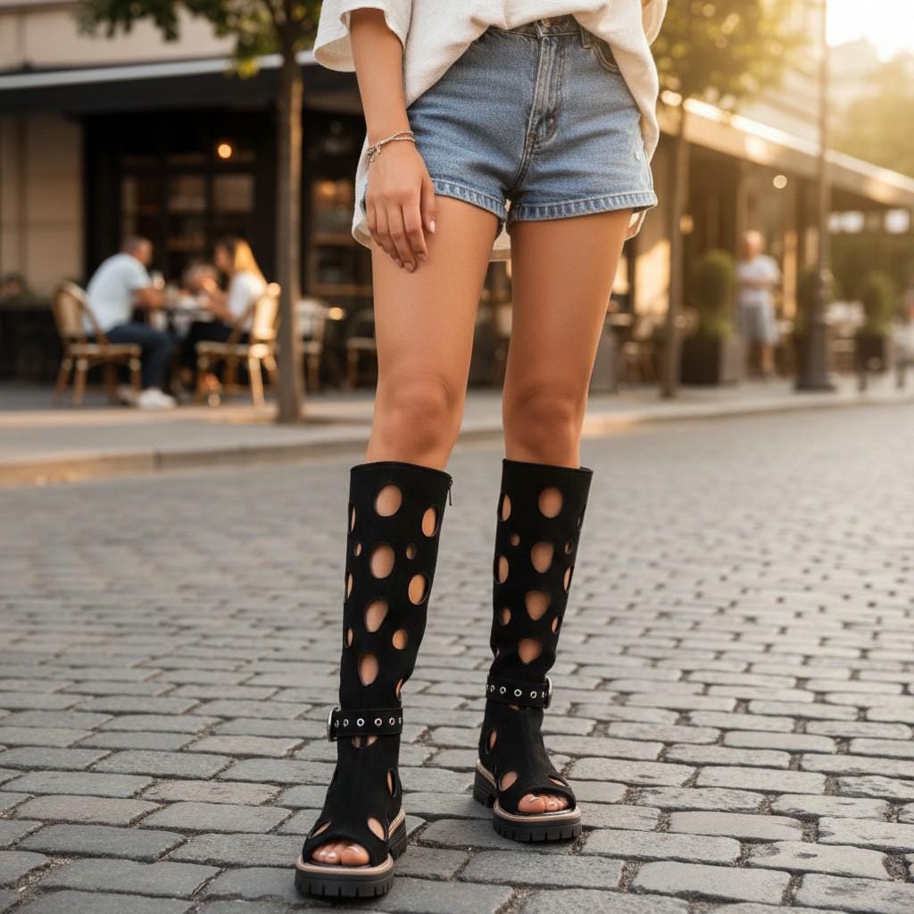 Black Cutout Knee High Boots, Open Toe Flat Boots with Buckle Straps