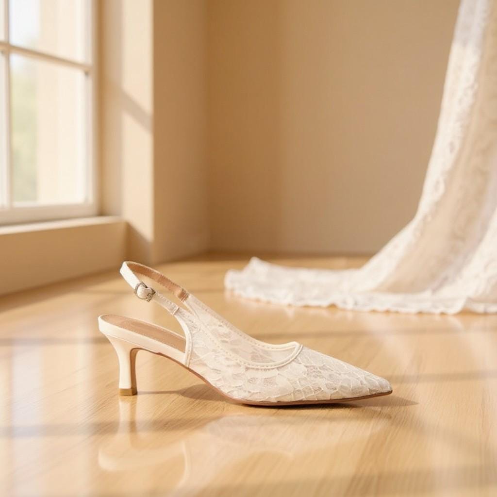 Ivory Lace Bridal Slingback Heels, Pointed Toe Wedding Pumps, Low Heel Shoes