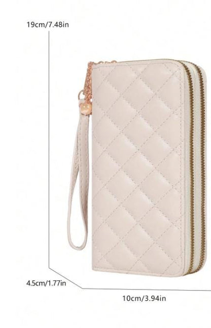 White Quilted Wristlet Wallet, Womens Zip Wallet, Elegant Long Wallet, Gift for Her