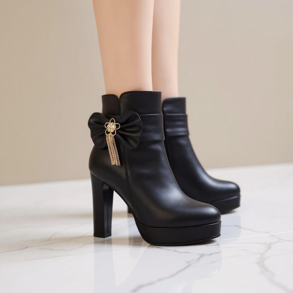Black Bow Platform Ankle Boots, High Heel Booties, Elegant Embellished Shoes
