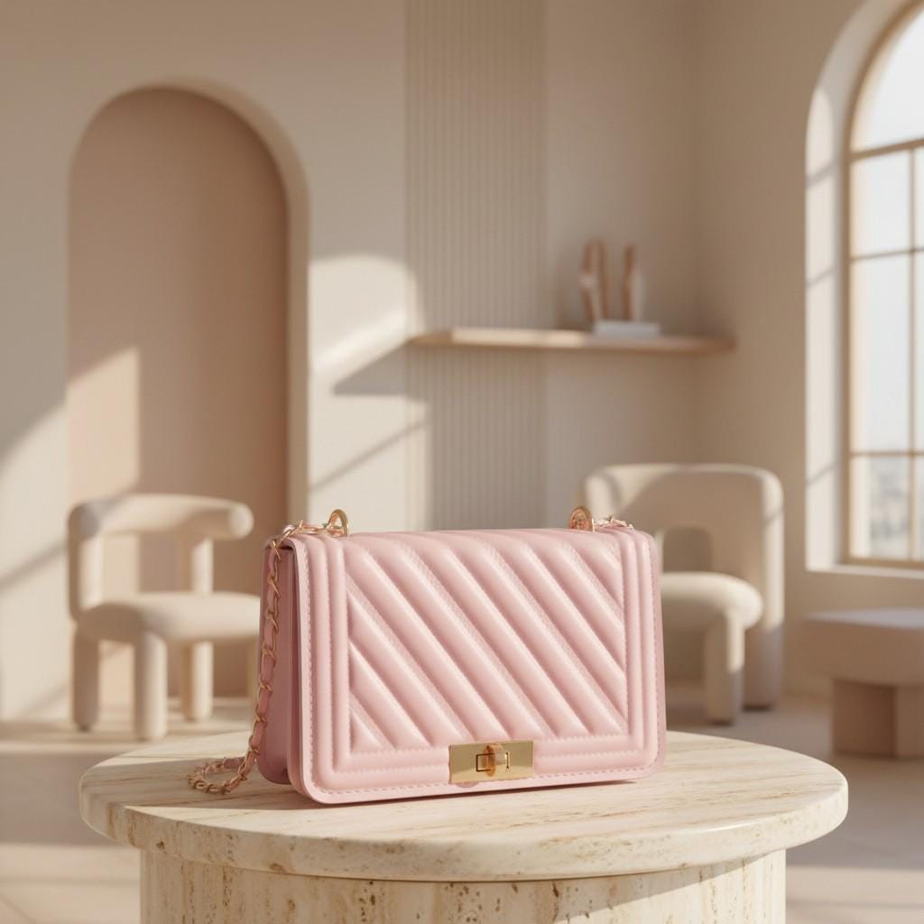 Pink Quilted Shoulder Bag, Chain Strap Purse, Diagonal Quilted Handbag, Pink Crossbody Bag, Elegant Flap Purse