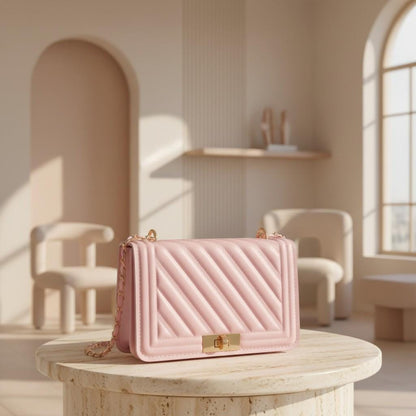 Pink Quilted Shoulder Bag, Chain Strap Purse, Diagonal Quilted Handbag, Pink Crossbody Bag, Elegant Flap Purse
