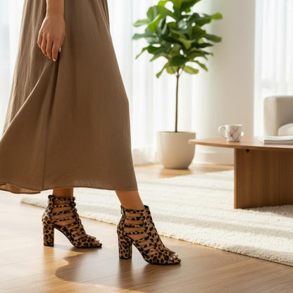 Leopard Print Cage Booties, Peep Toe High Heel Ankle Boots for Women