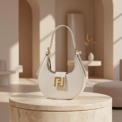 White Hobo Shoulder Bag for Women, Crescent Purse, Small Handbag with Gold Detail, Minimalist Everyday Bag