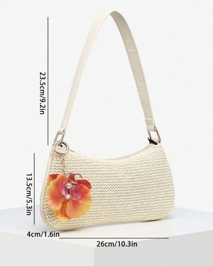 Cream Woven Shoulder Bag, Floral Crochet Purse, Flower Hobo Bag, Boho Summer Handbag, Cute Beach Bag, Vacation Purse