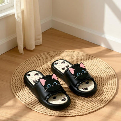 Cute Cat Slippers, Black Cat Slides, Kawaii House Slippers, Women's Indoor Slippers, Funny Cat Shoes, Cozy Summer Slides, Gift for Cat Lover