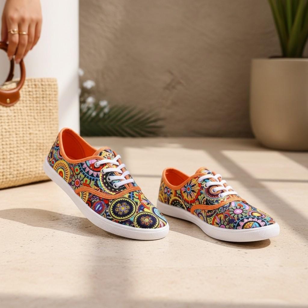 Colorful Geometric Sneakers for Women, Boho Patterned Low Top Shoes, Multicolor Lace Up Sneakers, Artistic Casual Footwear