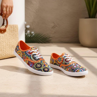 Colorful Geometric Sneakers for Women, Boho Patterned Low Top Shoes, Multicolor Lace Up Sneakers, Artistic Casual Footwear