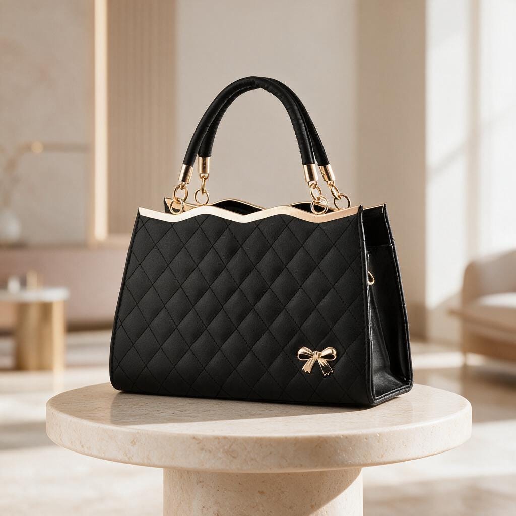Black Quilted Tote Bag, Elegant Bow Charm Handbag, Structured Top Handle Purse, Diamond Stitch Women's Shoulder Bag
