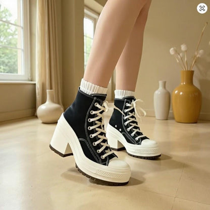 Black High Heel Sneakers, High Top Platform Shoes, Lace Up Chunky Sneaker Boots, Women's Statement Shoes