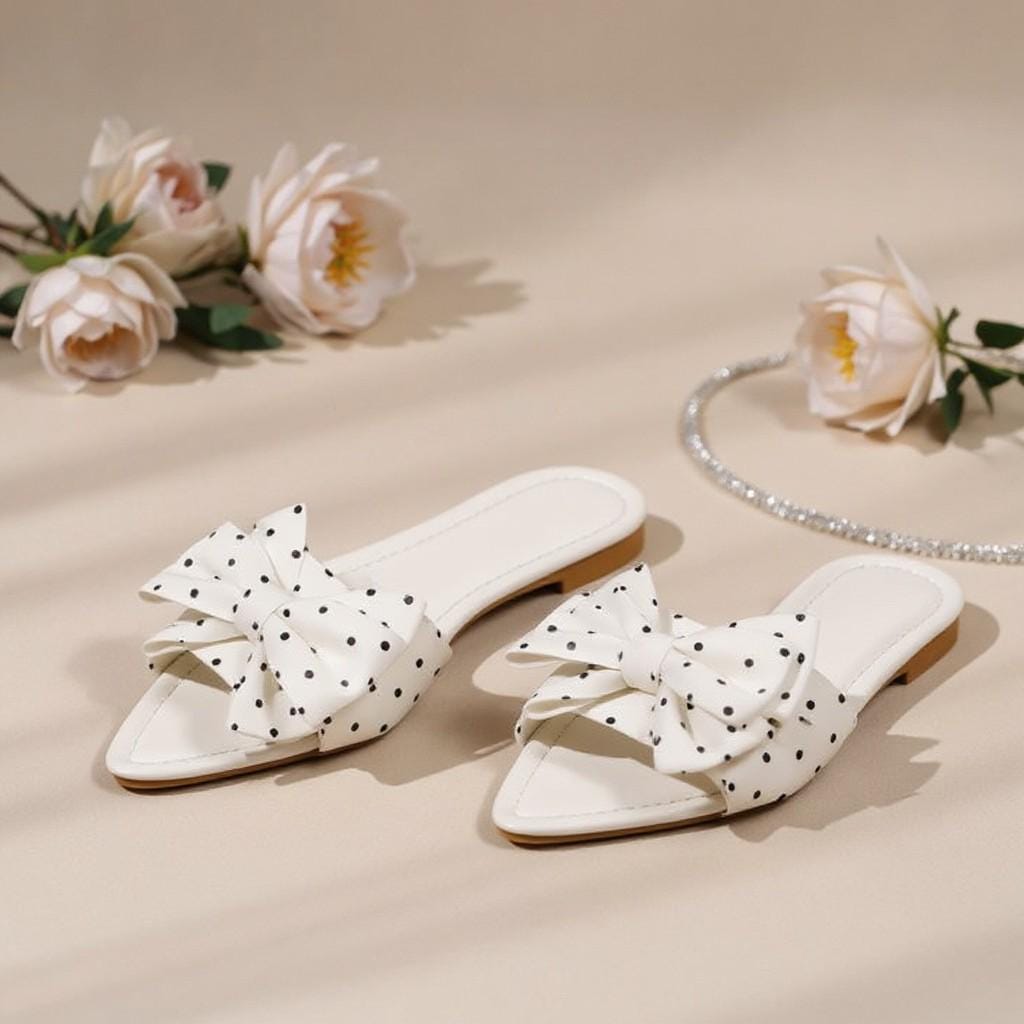 White Bow Slide Sandals, Polka Dot Flat Sandals, Oversized Bow Summer Shoes