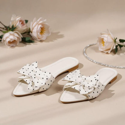 White Bow Slide Sandals, Polka Dot Flat Sandals, Oversized Bow Summer Shoes