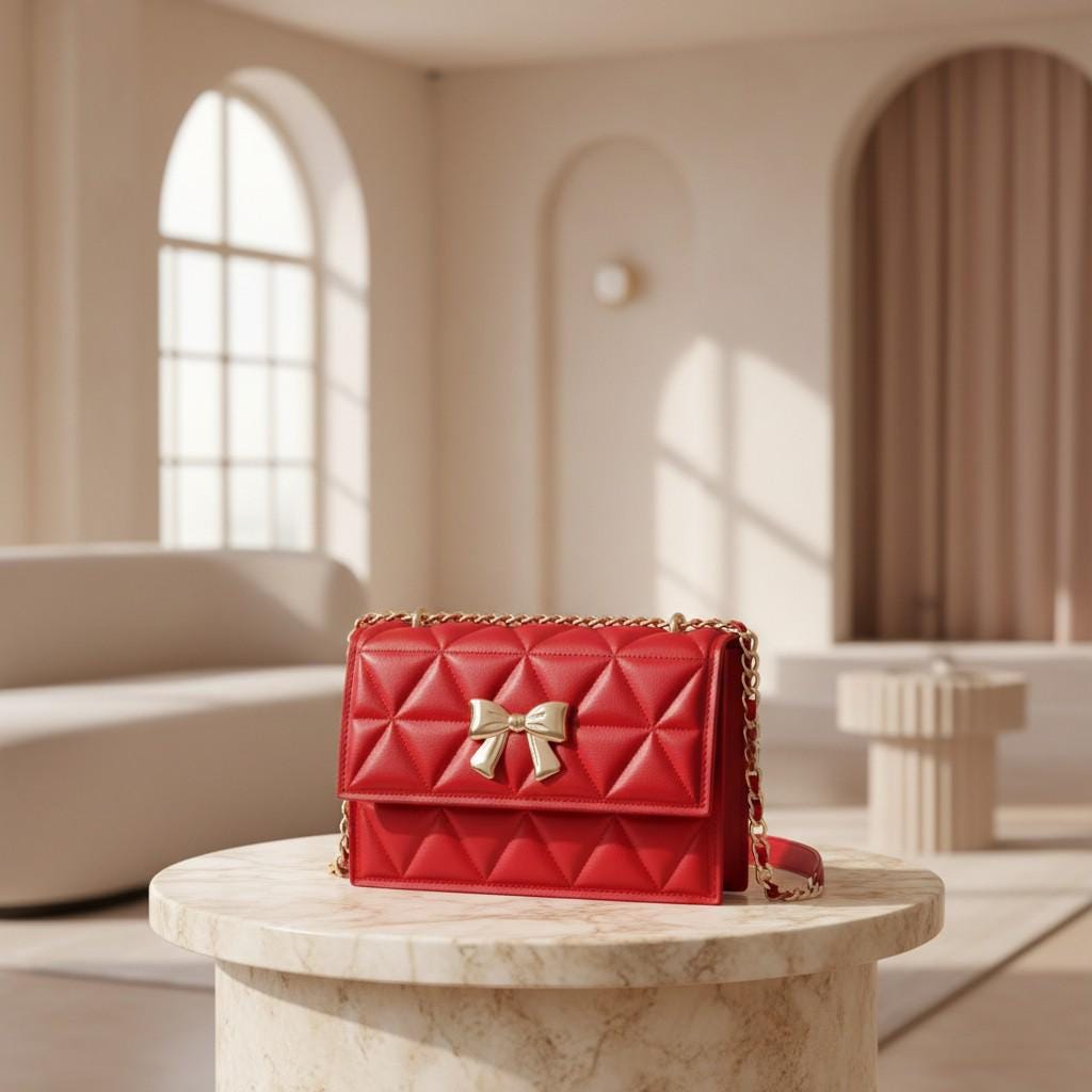 Red Quilted Shoulder Bag, Gold Bow Purse, Chain Strap Handbag, Geometric Crossbody Bag, Elegant Red Bag