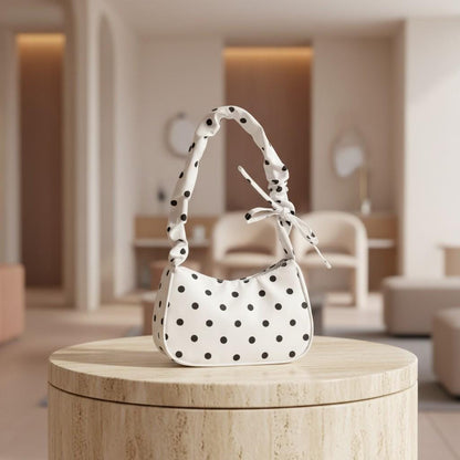 White Polka Dot Shoulder Bag, Bow Strap Purse, Black White Baguette Handbag, Coquette Y2K Bag