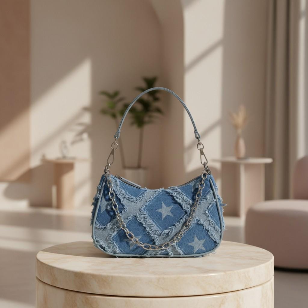 Blue Denim Star Shoulder Bag, Distressed Baguette Purse, Y2K Chain Handbag, Frayed Jean Bag, Women's Small Shoulder Bag