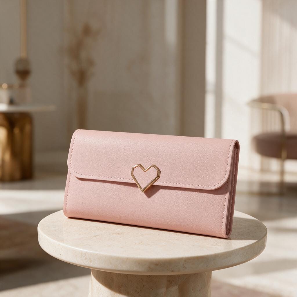 Pink Heart Clasp Wallet, Long Womens Wallet, Elegant Flap Purse