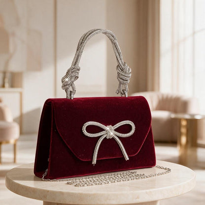 Burgundy Velvet Clutch, Rhinestone Bow Purse, Elegant Evening Bag, Wedding Guest Purse, Bridal Party Handbag