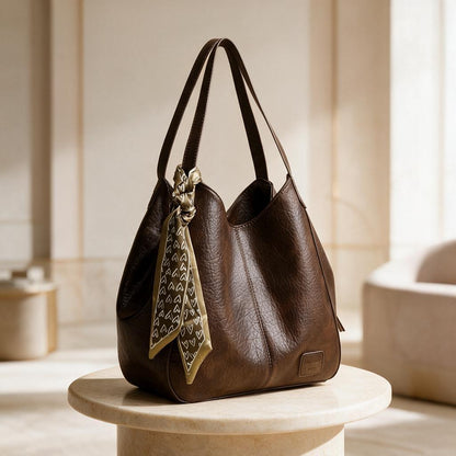 Brown Hobo Bag, Chocolate Shoulder Purse, Slouchy Handbag with Scarf, Casual Womens Bag, Boho Inspired Shoulder Bag