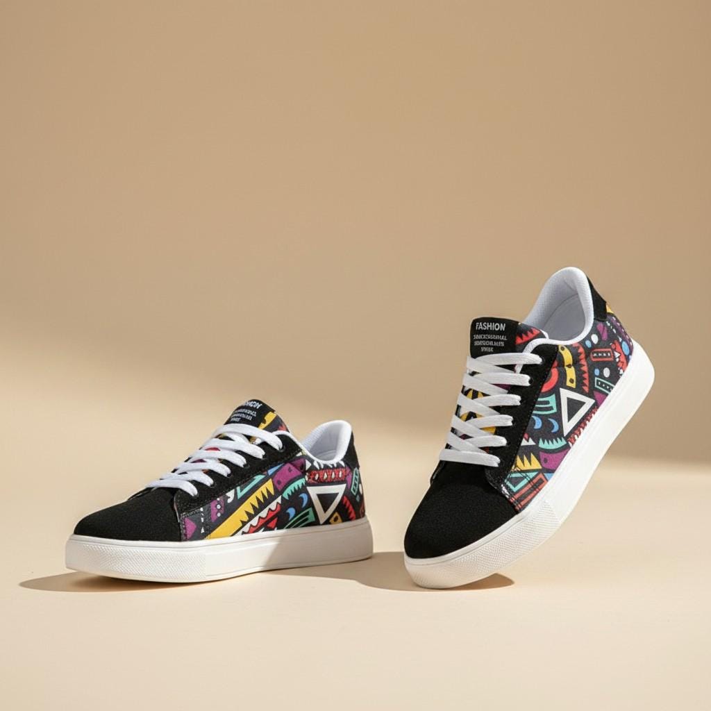 Colorful Geometric Sneakers, Women's Retro Low Top Shoes, Lace Up Trainers