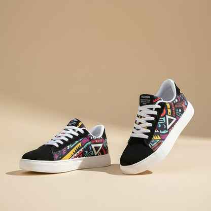 Colorful Geometric Sneakers, Women's Retro Low Top Shoes, Lace Up Trainers