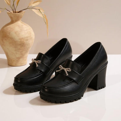 Black Heeled Loafers, Rhinestone Bow Shoes, Chunky Block Heel Loafers, Lug Sole Dress Shoes