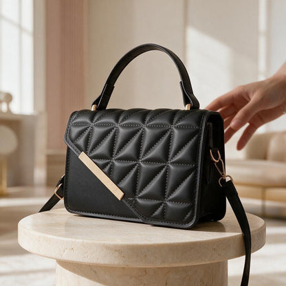 Black Quilted Handbag, Padded Top Handle Purse, Elegant Flap Shoulder Bag, Minimalist Crossbody Bag, Womens Evening Purse