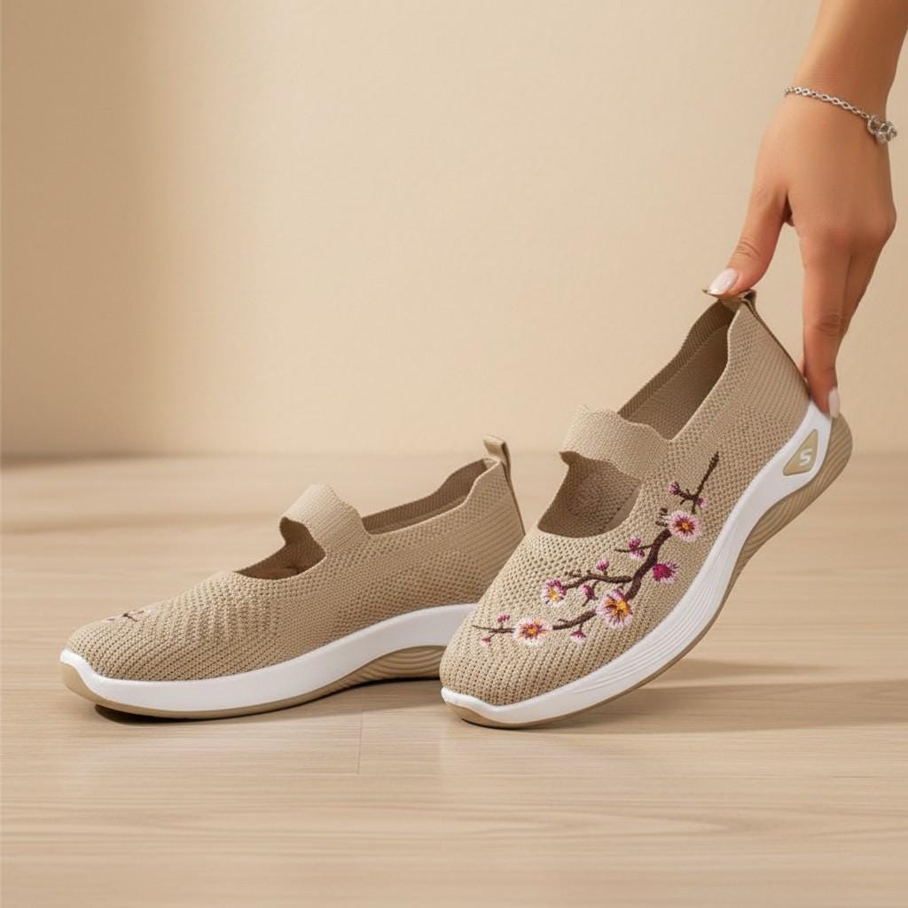Floral Mary Jane Sneakers for Women, Beige Knit Shoes, Embroidered Casual Walking Flats