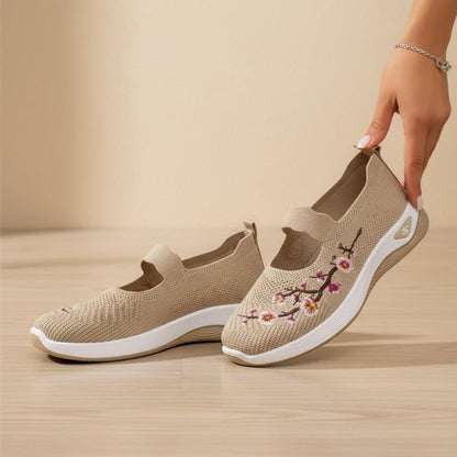 Floral Mary Jane Sneakers for Women, Beige Knit Shoes, Embroidered Casual Walking Flats