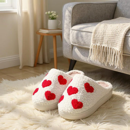 Heart Slippers, Fuzzy Plush House Shoes, Cute Valentine Slippers, Cozy Indoor Footwear