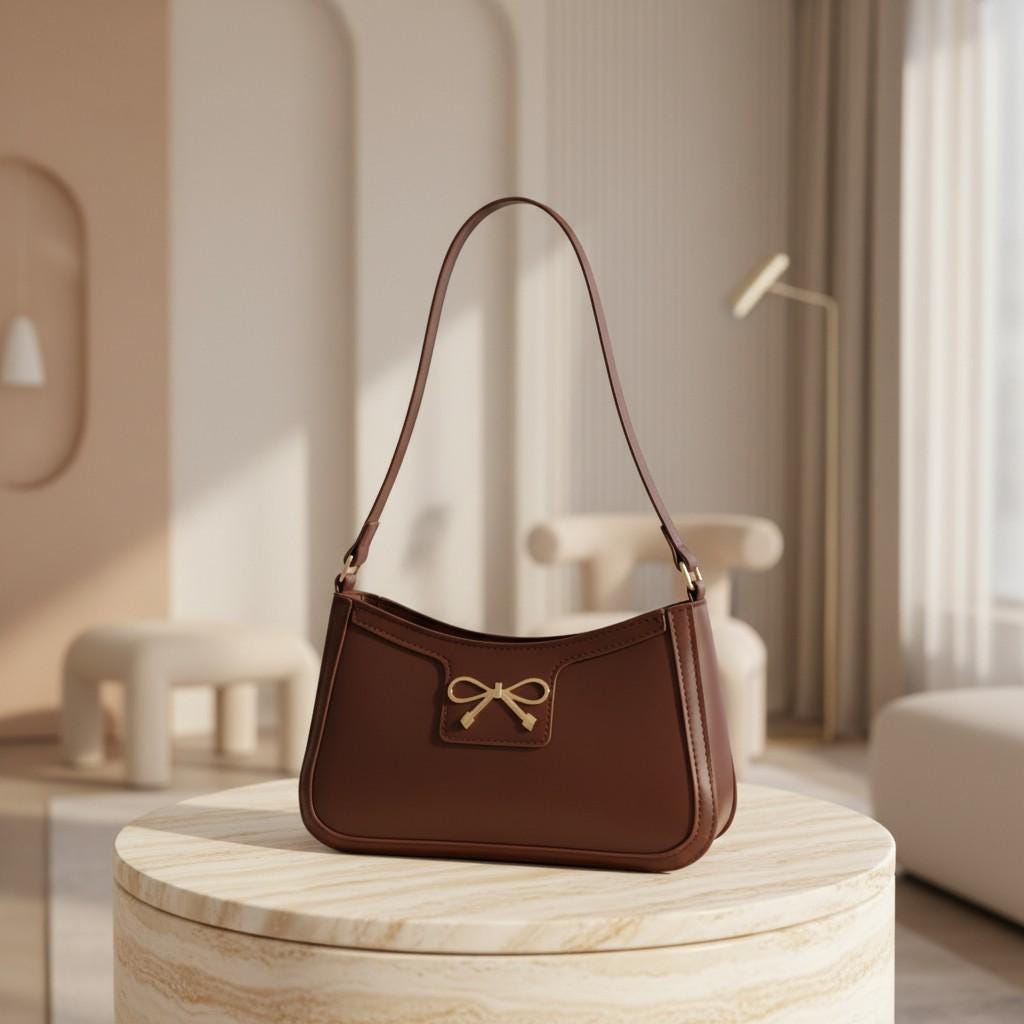 Brown Bow Shoulder Bag, Chocolate Baguette Purse, Gold Bow Handbag, Coquette Underarm Bag, Minimalist Everyday Purse