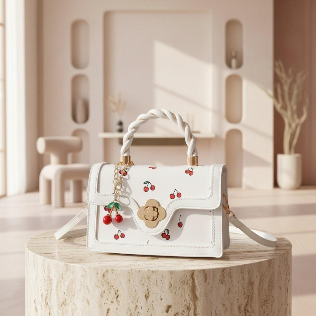 White Cherry Shoulder Bag, Cherry Print Purse, Braided Top Handle Handbag, Floral Clasp Crossbody Bag, Cute Summer Bag