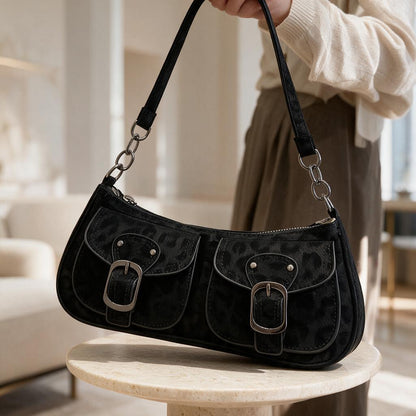 Black Buckle Shoulder Bag, Y2K Double Pocket Purse, 90s Baguette Handbag, Retro Bag