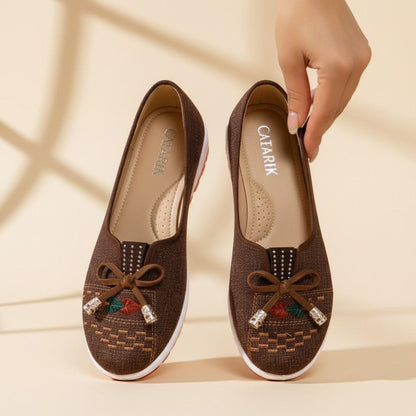 Brown Embroidered Flats for Women, Bow Slip On Shoes, Casual Woven Loafers