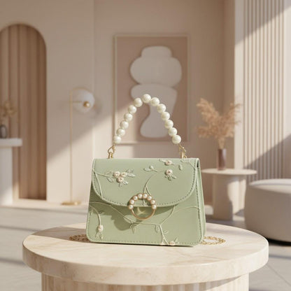 Mint Green Floral Embroidered Handbag, Pearl Handle Shoulder Bag, Chain Crossbody Purse, Romantic Evening Bag