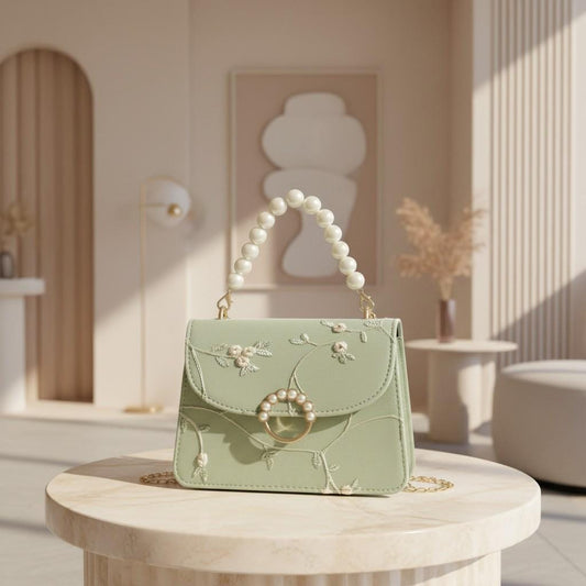 Mint Green Floral Embroidered Handbag, Pearl Handle Shoulder Bag, Chain Crossbody Purse, Romantic Evening Bag