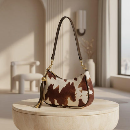 Cow Print Shoulder Bag, Brown Cow Pattern Purse, Y2K Hobo Bag, Western Handbag, Tassel Shoulder Bag