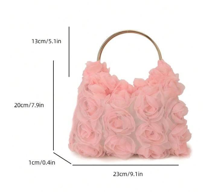 Pink 3D Flower Handbag, Rose Top Handle Purse, Floral Ring Handle Bag, Romantic Pink Evening Bag, Statement Flower Purse