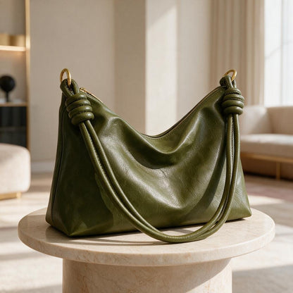 Olive Green Hobo Bag, Slouchy Shoulder Bag, Soft Faux Leather Purse, Y2K Shoulder Handbag, Knotted Strap Bag, Everyday Tote