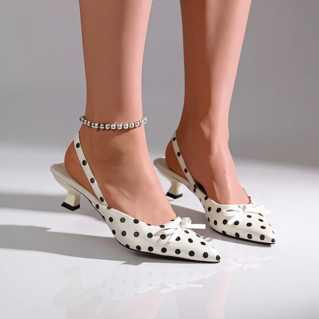 White Polka Dot Slingback Heels, Bow Pointed Toe Pumps, Retro Kitten Heels