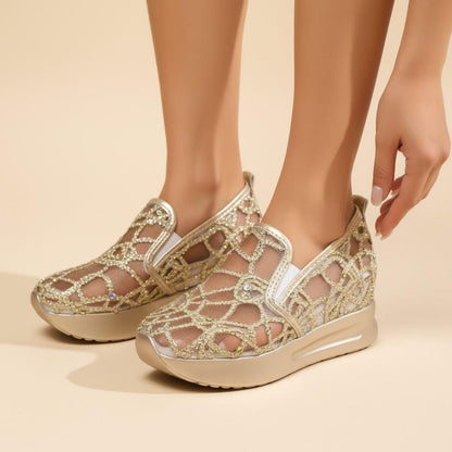 Gold Glitter Wedge Sneakers, Women's Lace Slip On Shoes