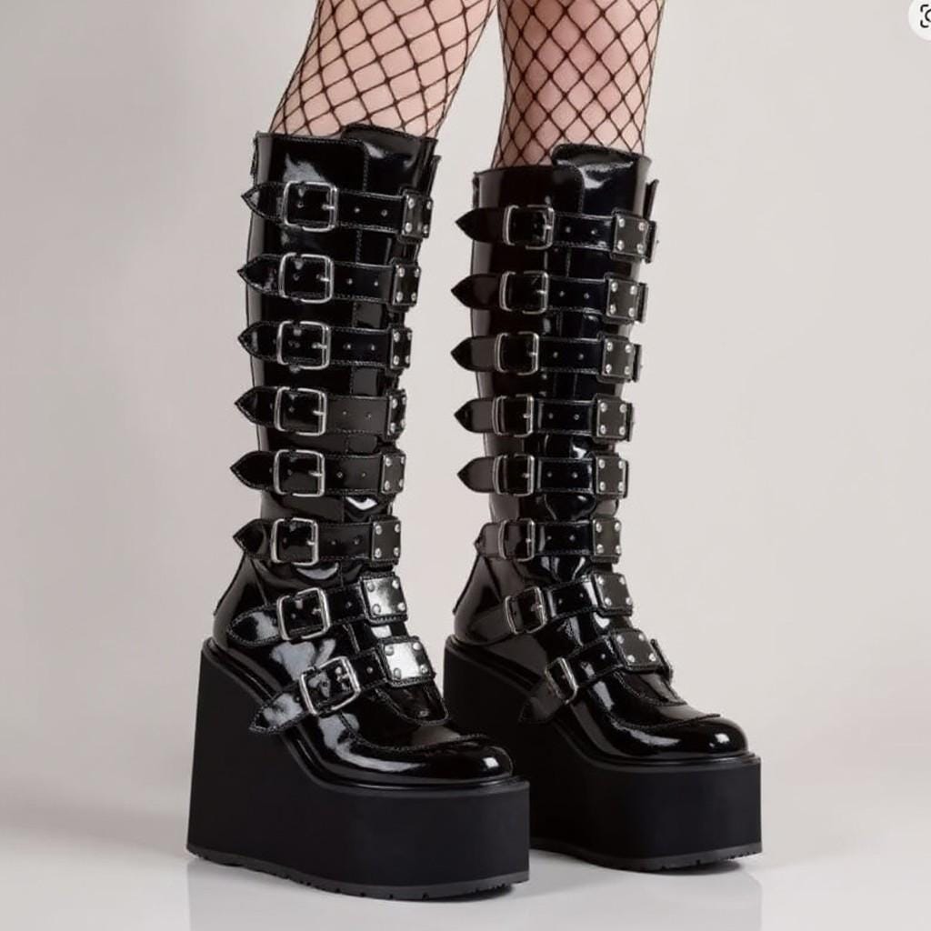 Black Gothic Platform Boots, Buckle Strap Knee High Boots, Punk Wedge Boots, Women's Alternative Footwear
