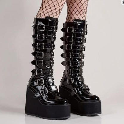 Black Gothic Platform Boots, Buckle Strap Knee High Boots, Punk Wedge Boots, Women's Alternative Footwear