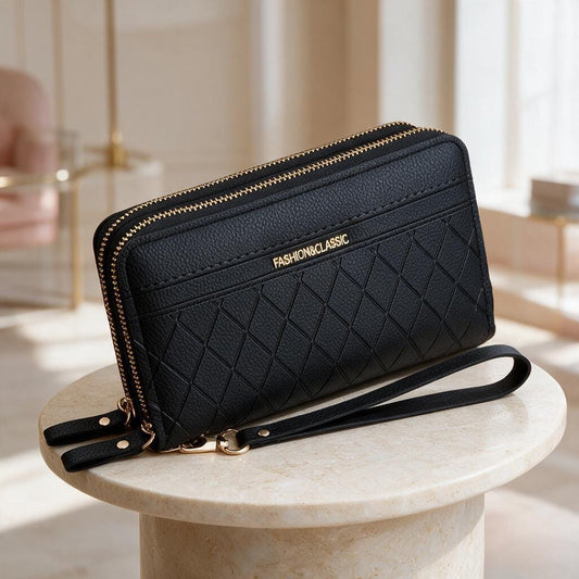 Black Double Zip Wristlet Wallet, Quilted Womens Wallet, Long Zip Purse
