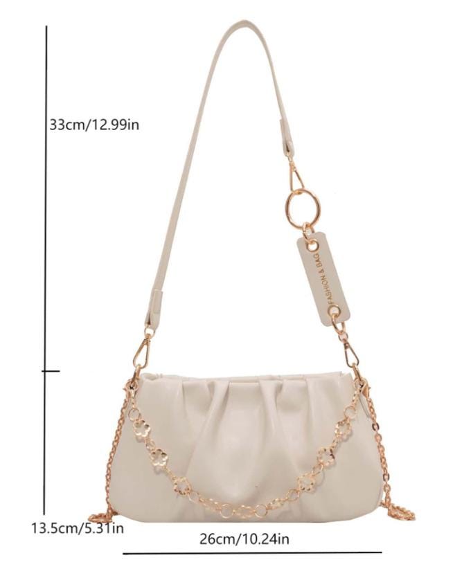 Cream Ruched Shoulder Bag, Floral Chain Purse, Gathered Hobo Handbag, Ivory Crossbody Bag, Elegant Soft Bag