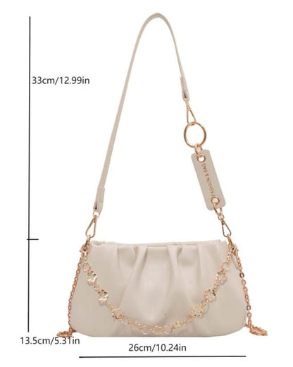 Cream Ruched Shoulder Bag, Floral Chain Purse, Gathered Hobo Handbag, Ivory Crossbody Bag, Elegant Soft Bag