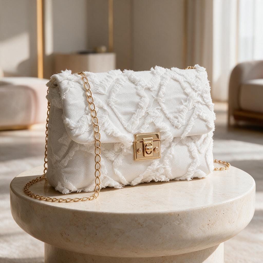 White Frayed Shoulder Bag, Distressed Flap Purse, Ivory Crossbody Bag, Textured Chain Handbag, Casual Boho Purse