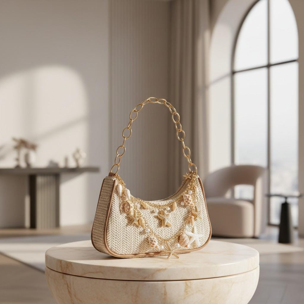 Seashell Shoulder Bag, Coastal Crochet Purse for Women, Beach Bag with Starfish Charms, Summer Handbag