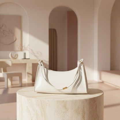 White Baguette Shoulder Bag, Glossy White Purse, Minimalist Y2K Handbag, Curved Underarm Bag, Women's Trendy Bag