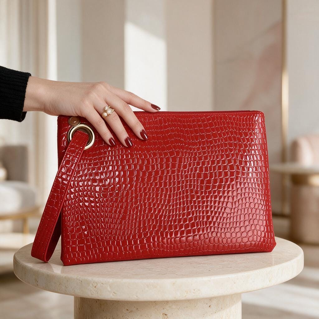 Red Crocodile Clutch Bag, Glossy Wristlet Purse, Embossed Red Evening Bag, Red Pouch Handbag, Statement Party Clutch