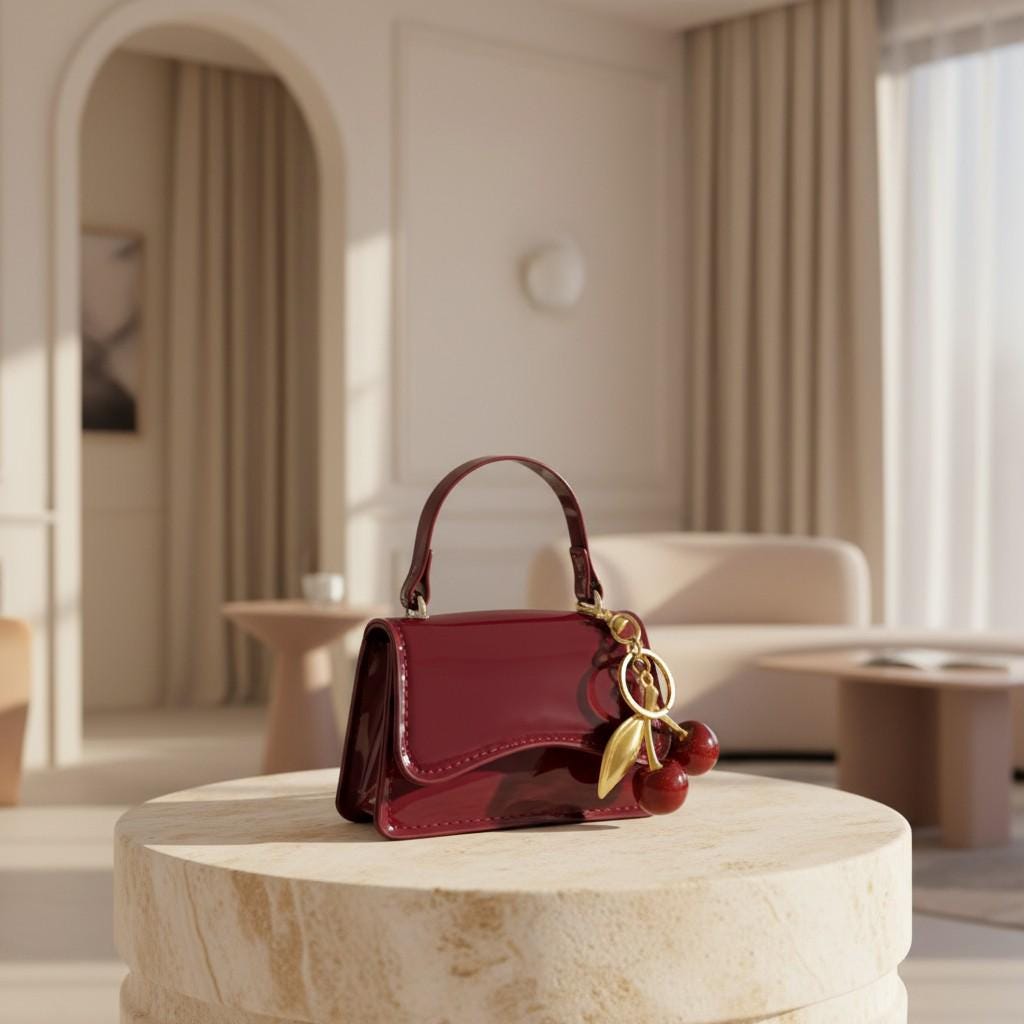 Burgundy Baguette Bag, Cherry Charm Purse, Glossy Top Handle Handbag, Y2K Shoulder Bag